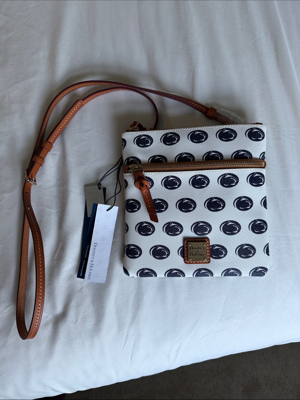 Dooney & Bourke White Crossbody with Penn State Print and Tan Leather Trim